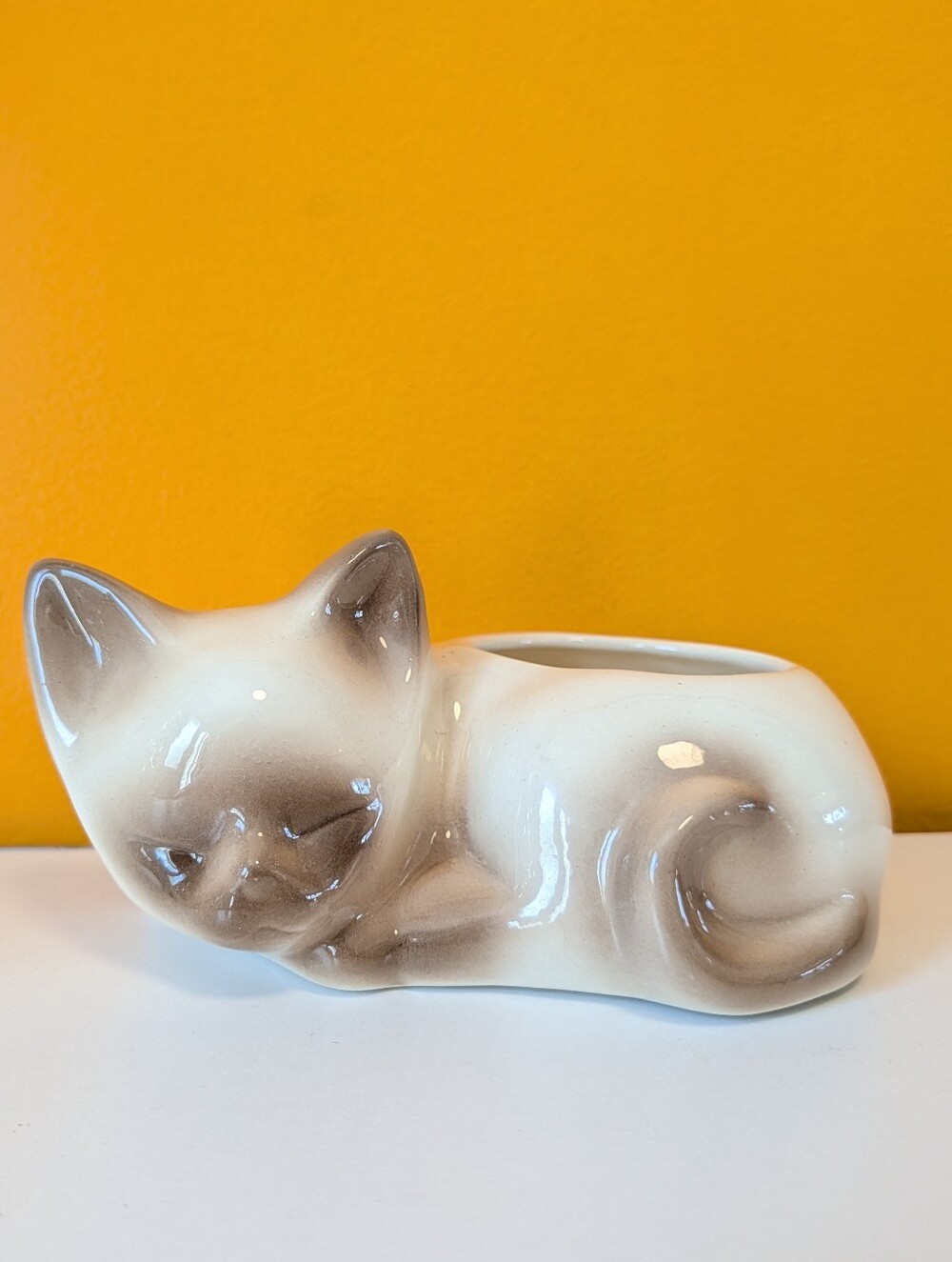 Vintage Ceramic Sleeping Siamese Cat Planter in Cream and Brown